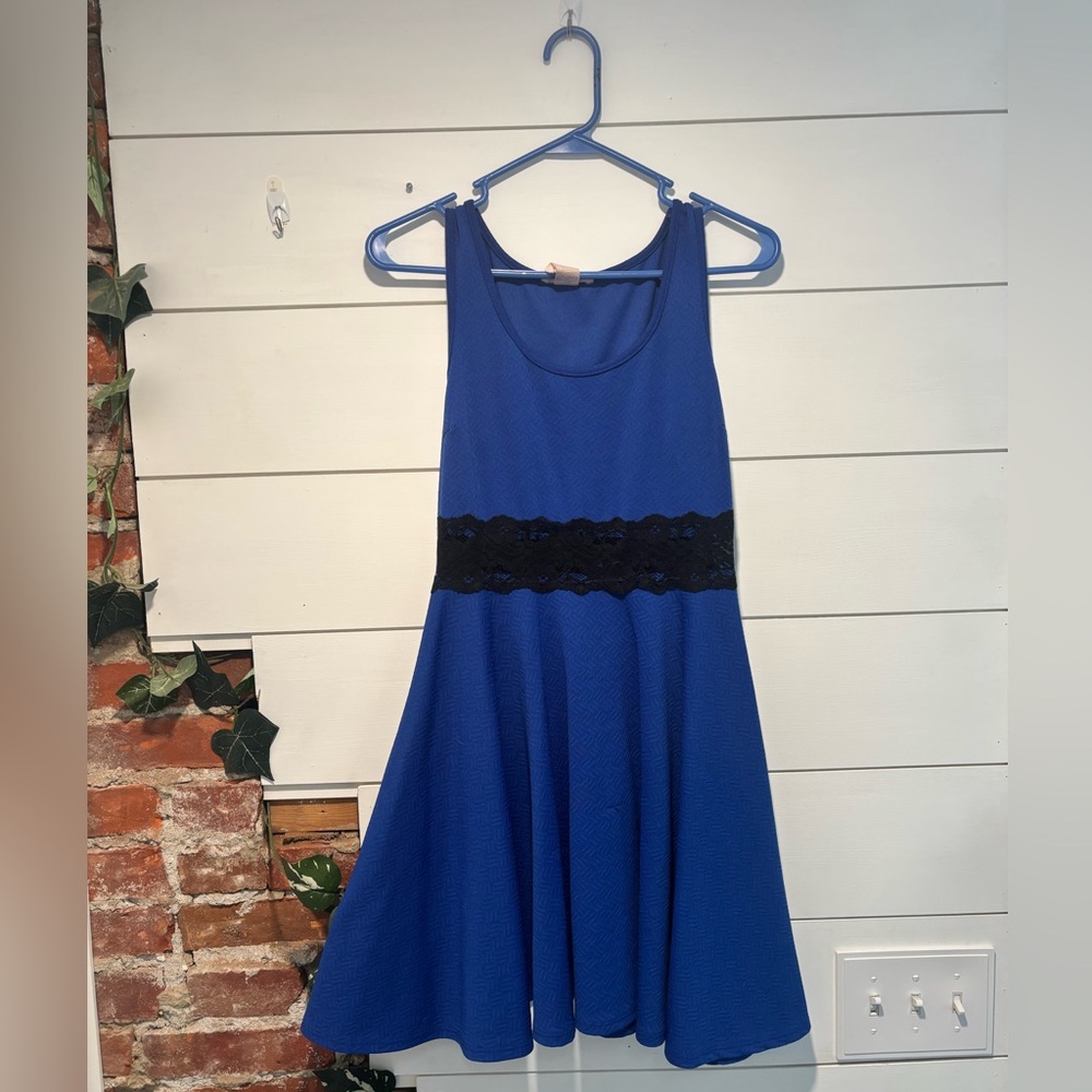 Size Large, Cobalt Blue Dress with Black Lace Waist Panel by Wild Daisy